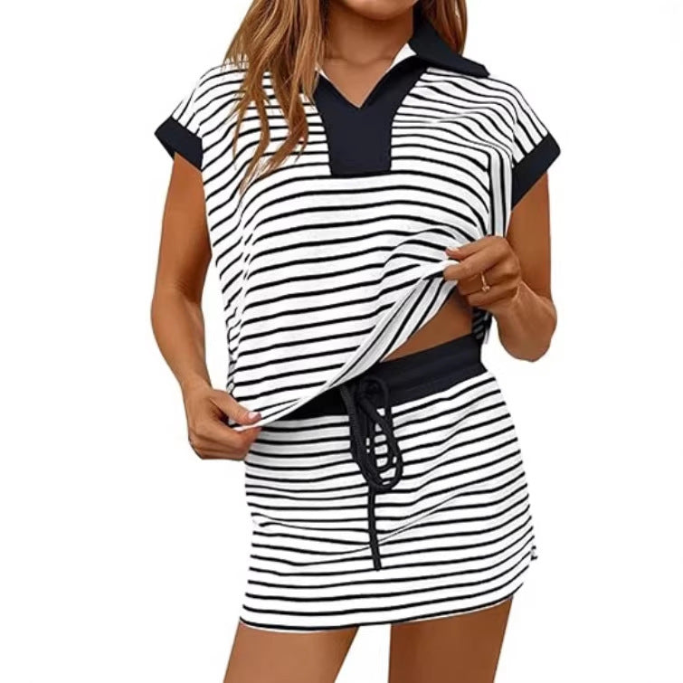 Striped Print Casual V-Neck Loose Short-Sleeve Suit