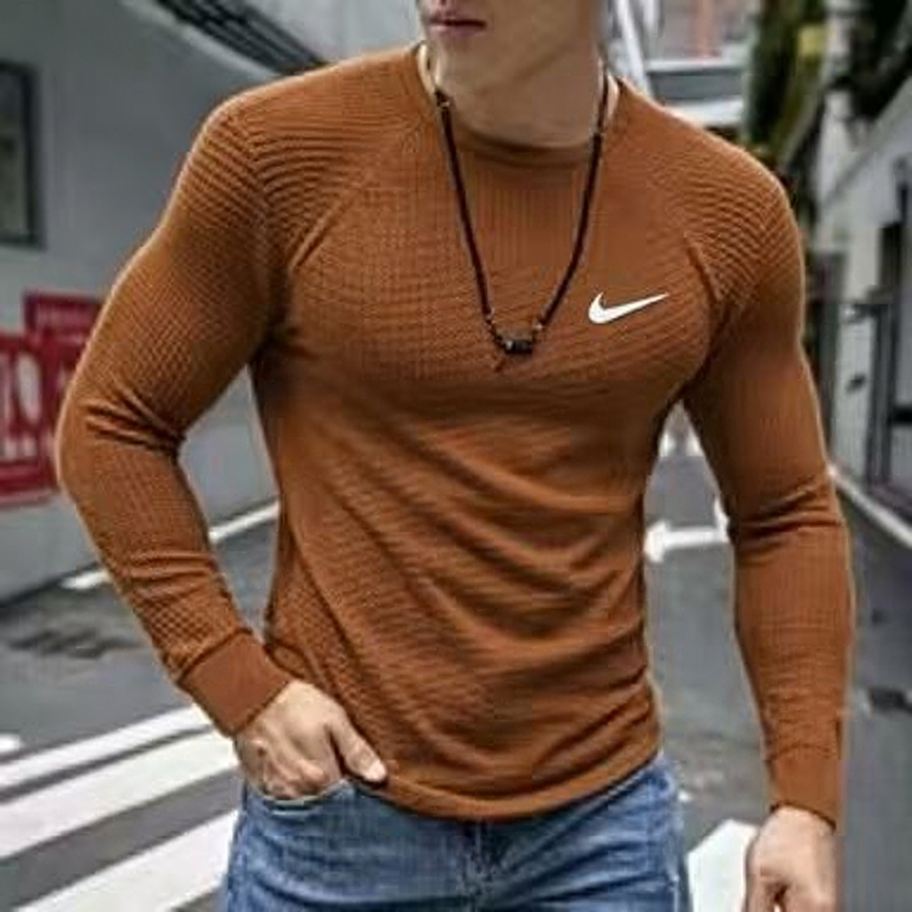 Cotton waffle knit crew neck stretch sports casual long-sleeved T-shirt