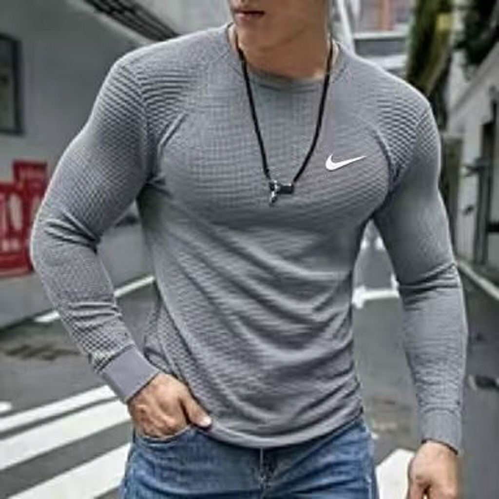 Cotton waffle knit crew neck stretch sports casual long-sleeved T-shirt