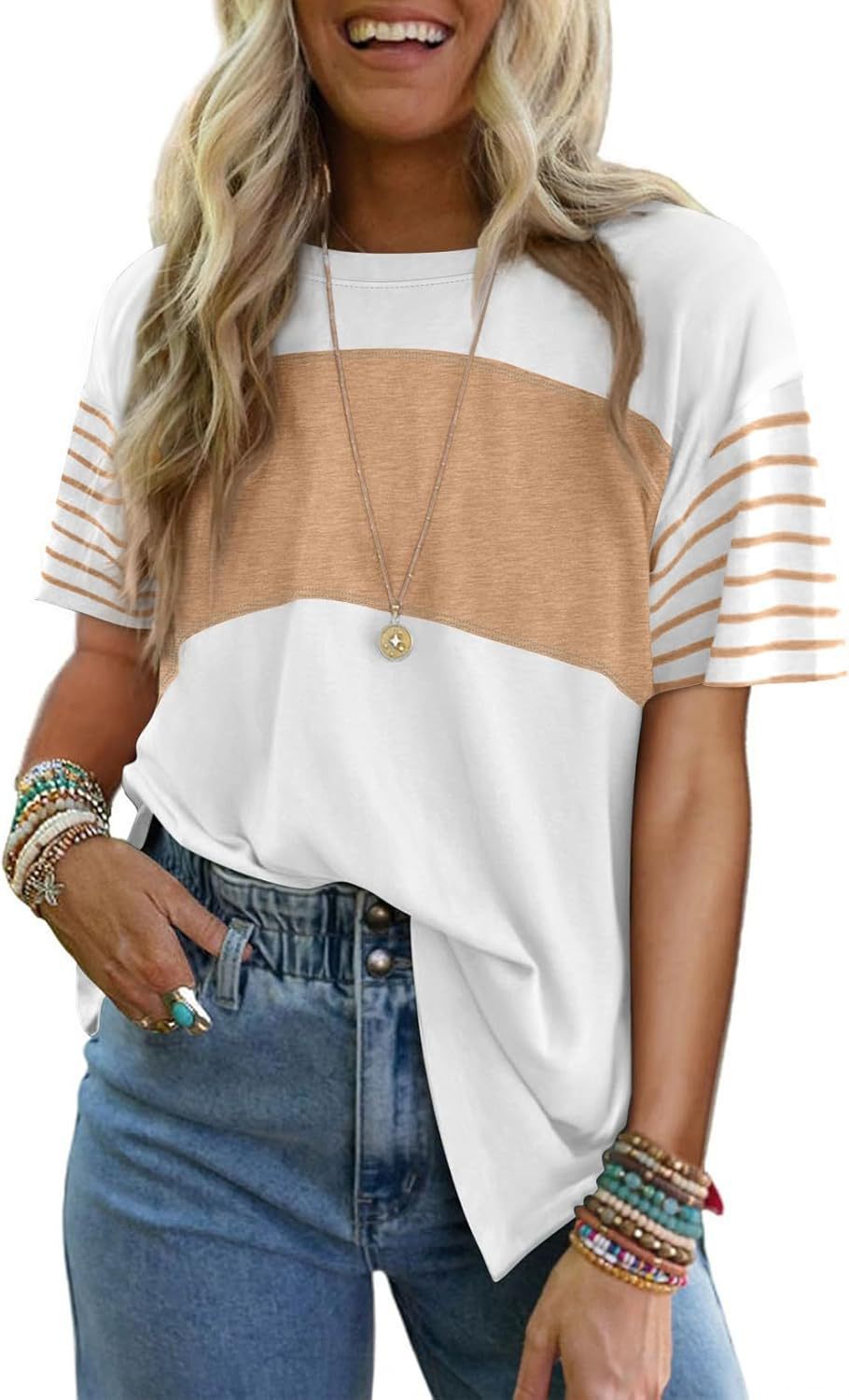 Casual striped color-blocked short-sleeved T-shirt