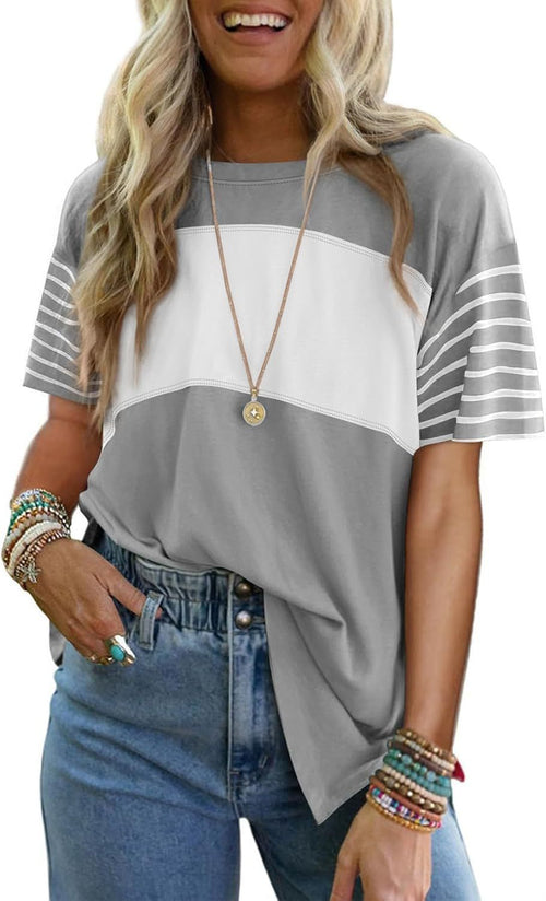 Casual striped color-blocked short-sleeved T-shirt