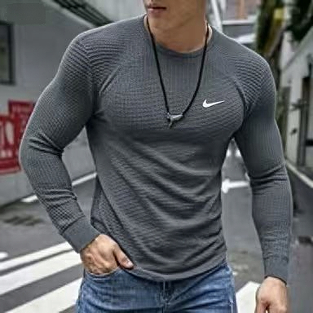Cotton waffle knit crew neck stretch sports casual long-sleeved T-shirt