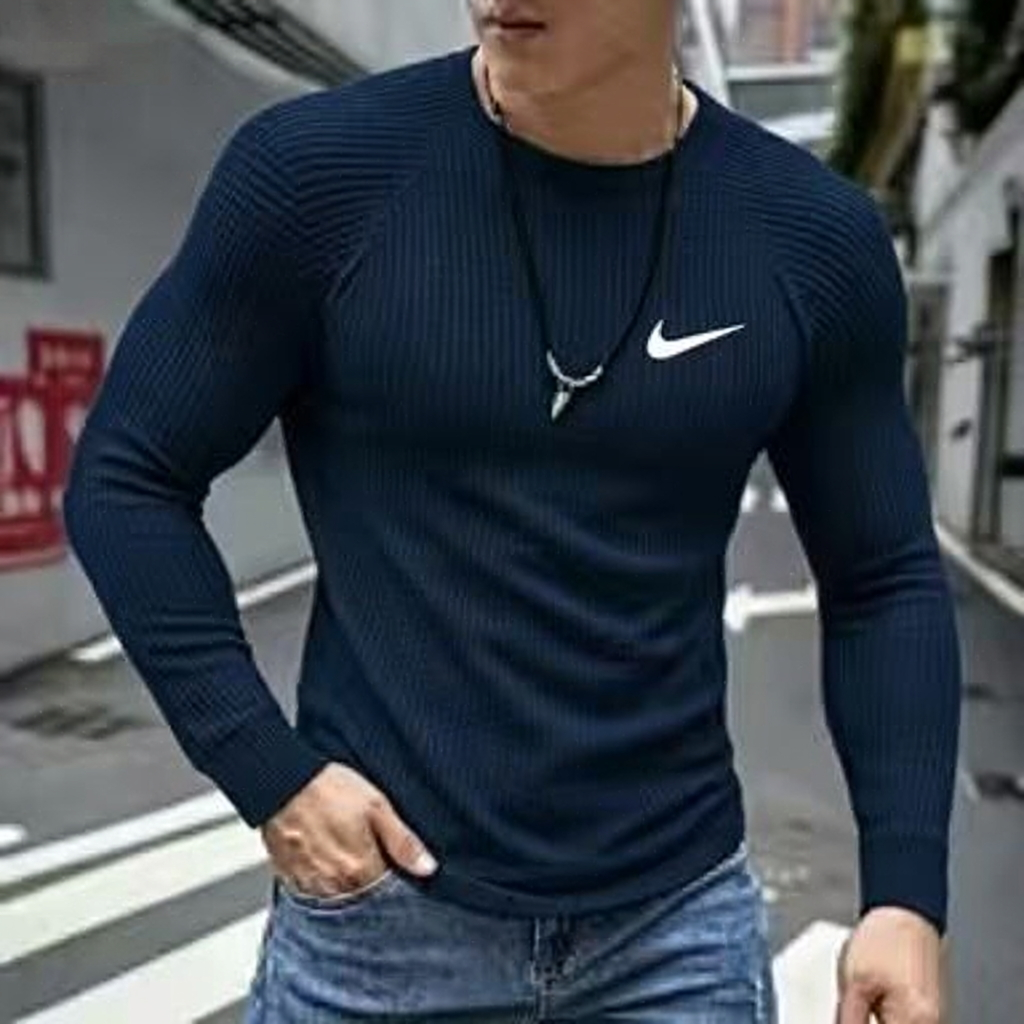 Cotton waffle knit crew neck stretch sports casual long-sleeved T-shirt