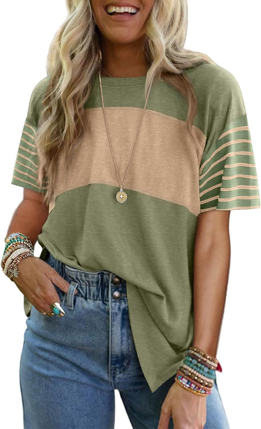Casual striped color-blocked short-sleeved T-shirt