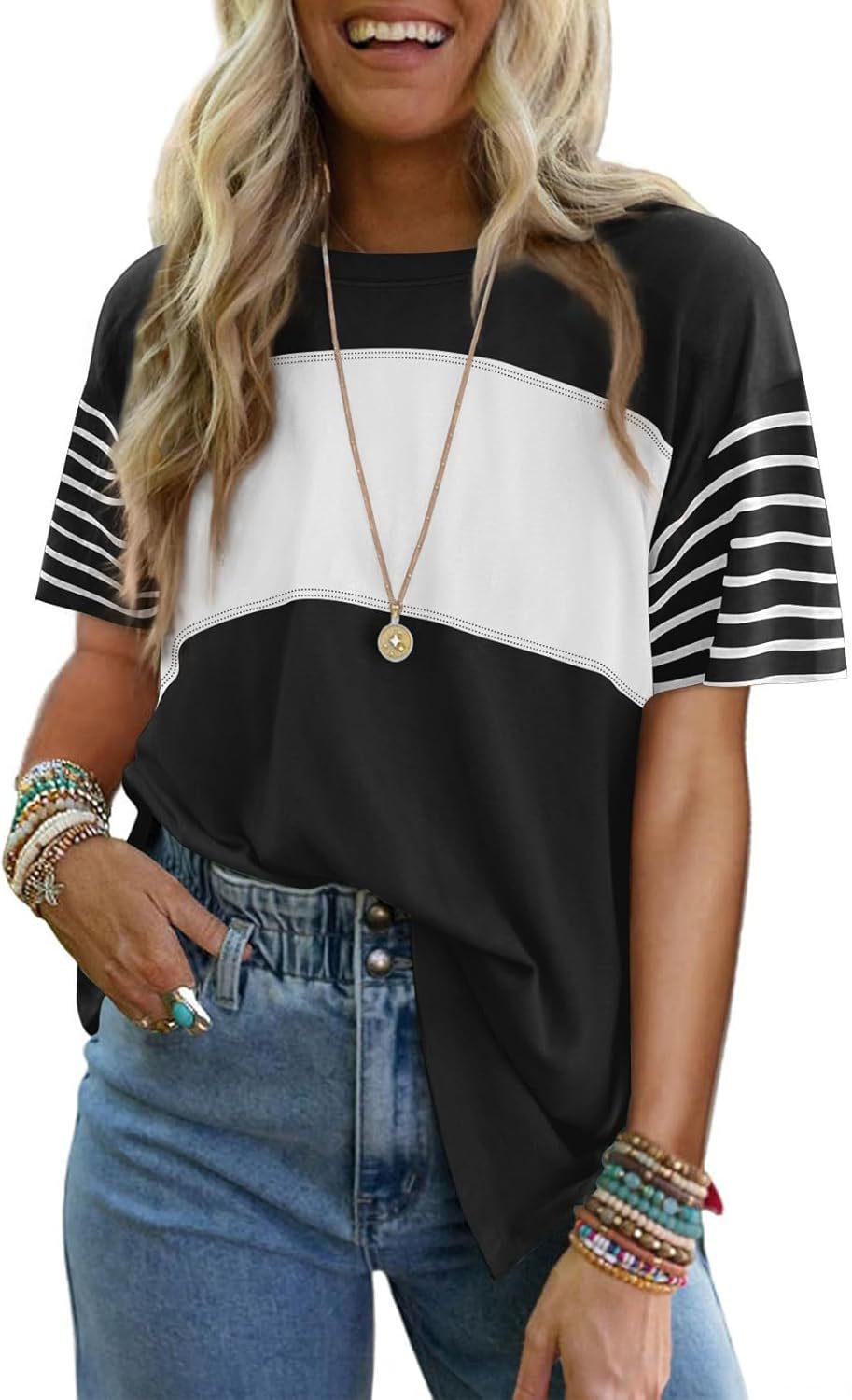Casual striped color-blocked short-sleeved T-shirt