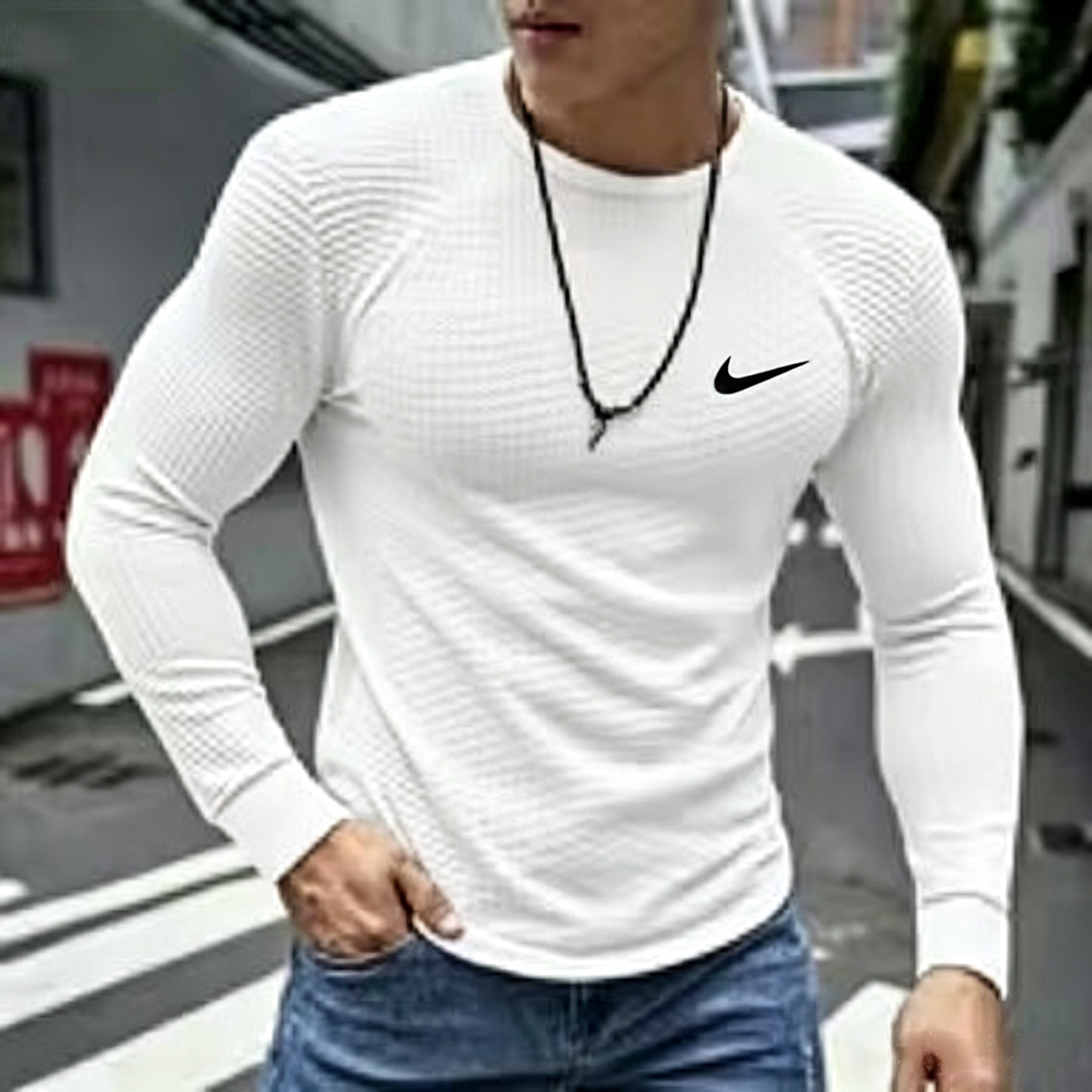Cotton waffle knit crew neck stretch sports casual long-sleeved T-shirt