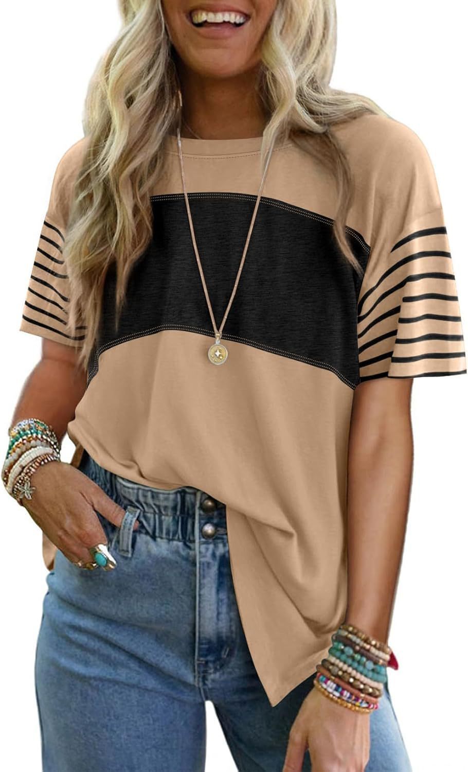 Casual striped color-blocked short-sleeved T-shirt