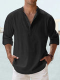 Stand-up collar T-shirt, loose fit, solid color, long-sleeved cotton and linen shirt