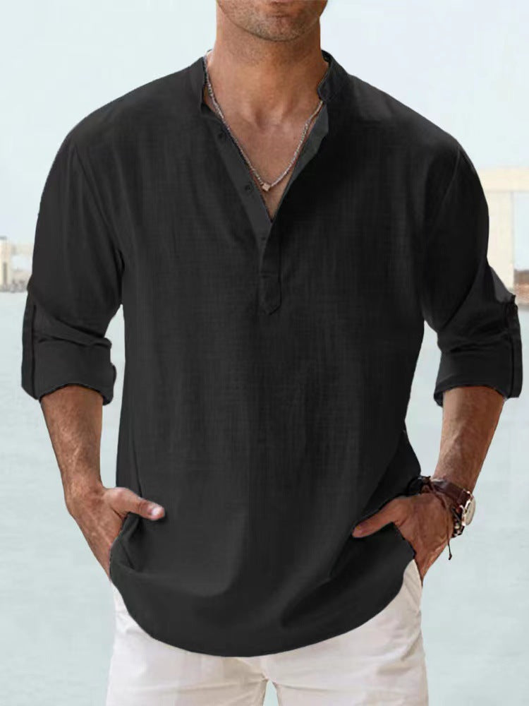 Stand-up collar T-shirt, loose fit, solid color, long-sleeved cotton and linen shirt