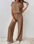 Fashionable drop-shoulder short-sleeved knit set, top and trousers, two-piece set