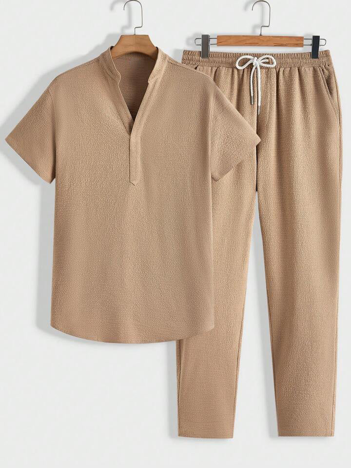 Casual sportswear set, short-sleeved shirt and trousers, solid color