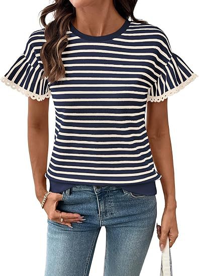 Summer Fashion Ribbed Knit Striped Shirt