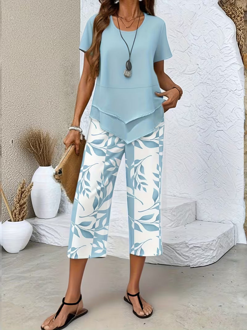 Limited-time 50% off! 🍃 Casual two-piece set—belted top and printed trousers 🌸