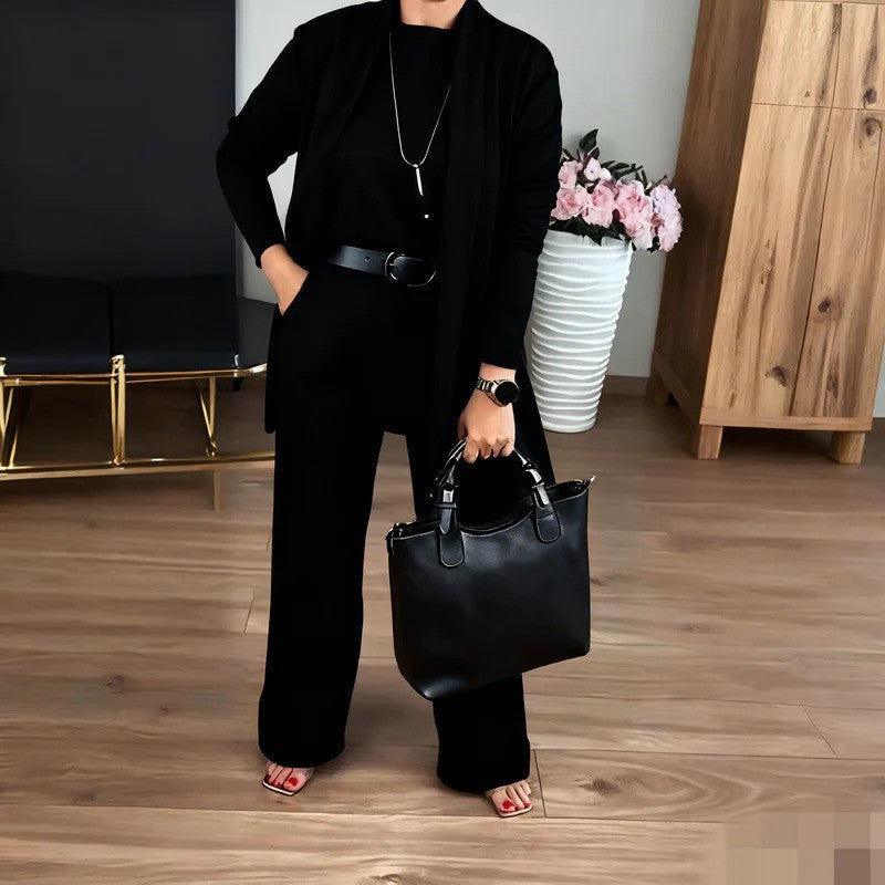 Women's Solid Color Round Neck Long Sleeve Top with Belt and Comfortable Pants Set