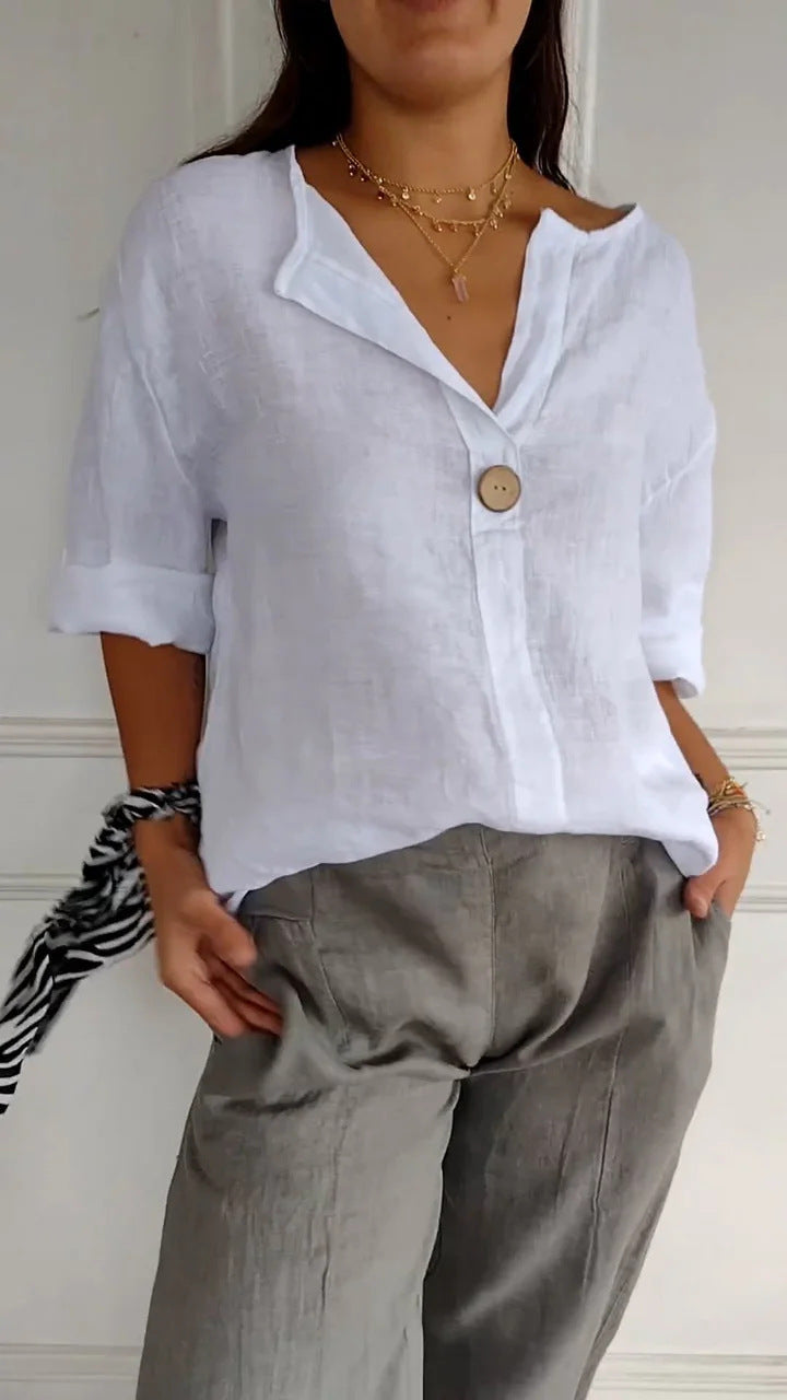 Women's V-neck cotton linen button T-shirt