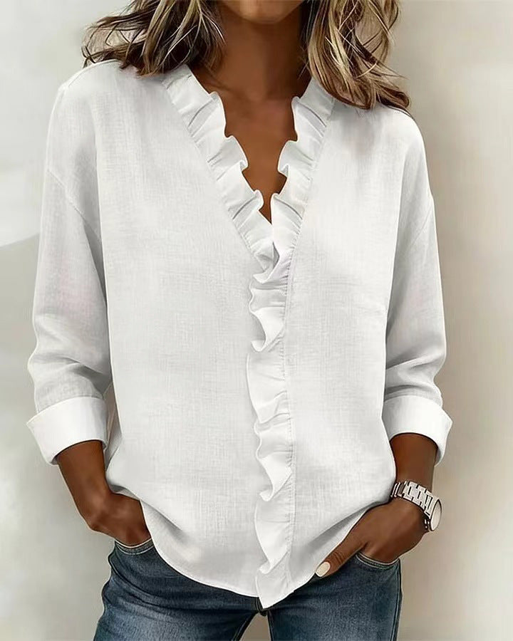 New Women's Ruffled Long-Sleeved Cotton Shirt