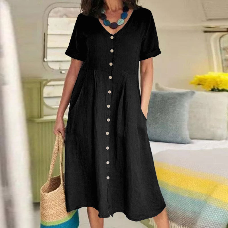 New solid color loose high-waisted cotton linen dress