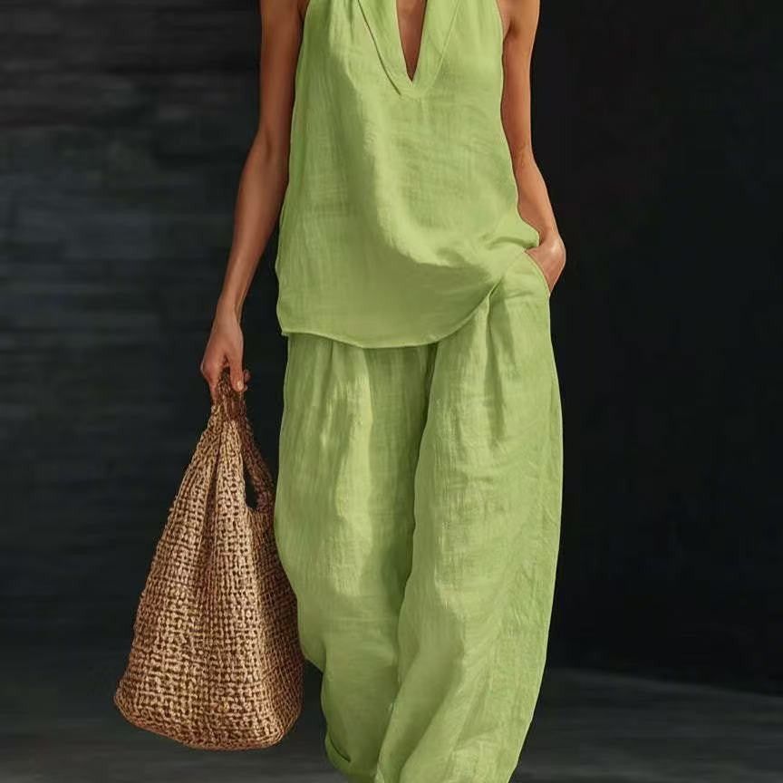 French-style halter neck V-neck backless top and wide-leg pants set