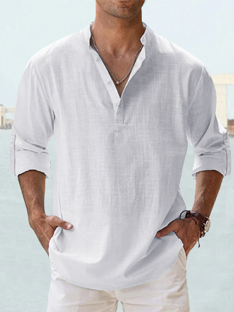 Stand-up collar T-shirt, loose fit, solid color, long-sleeved cotton and linen shirt