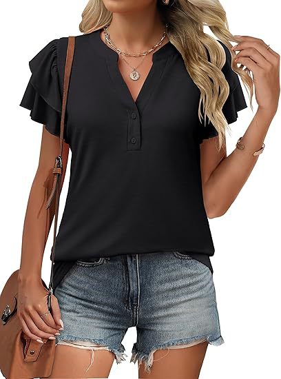 V-neck short-sleeved ruffle sleeve T-shirt button-down shirt