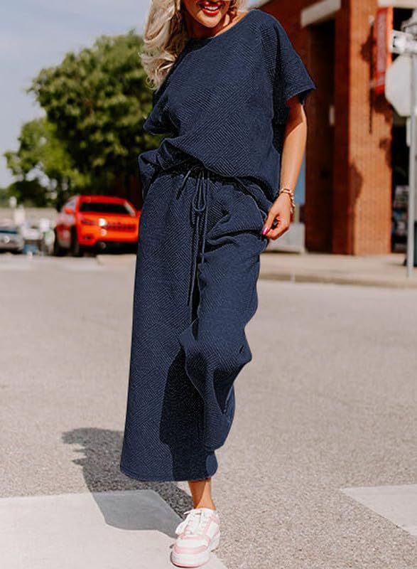 Simple solid color casual textured drawstring sportswear set