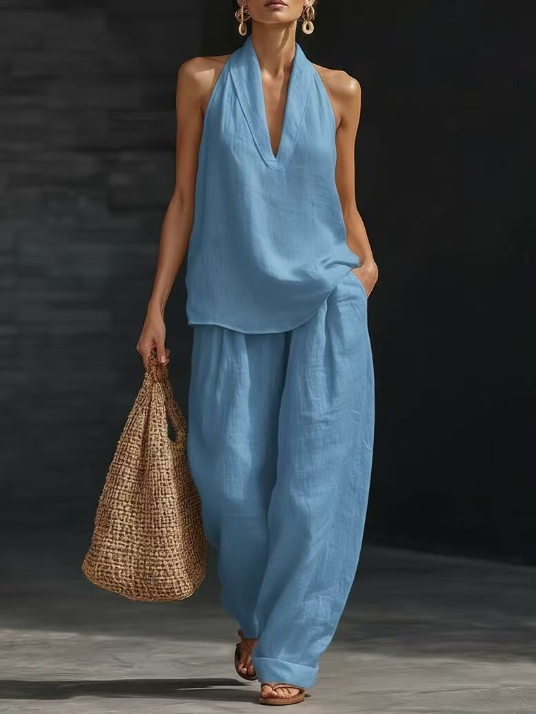 French-style halter neck V-neck backless top and wide-leg pants set