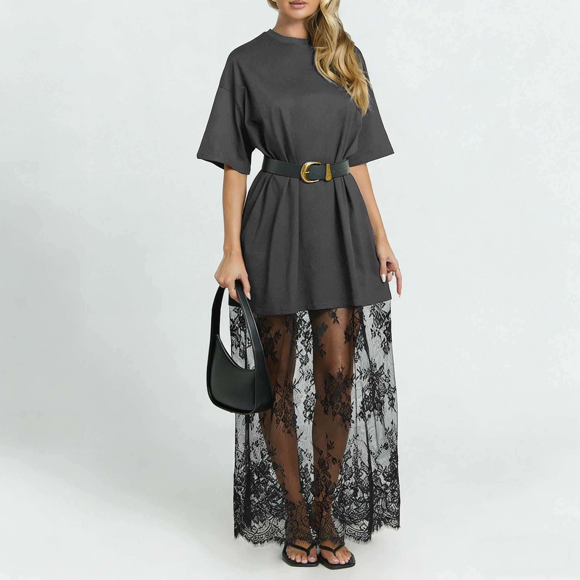 Casual solid color dress with unique lace patchwork