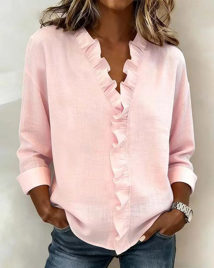 New Women's Ruffled Long-Sleeved Cotton Shirt