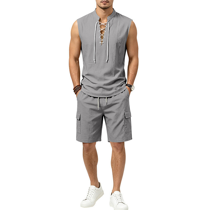 Linen skin-friendly breathable loose sleeveless drawstring shirt and shorts set