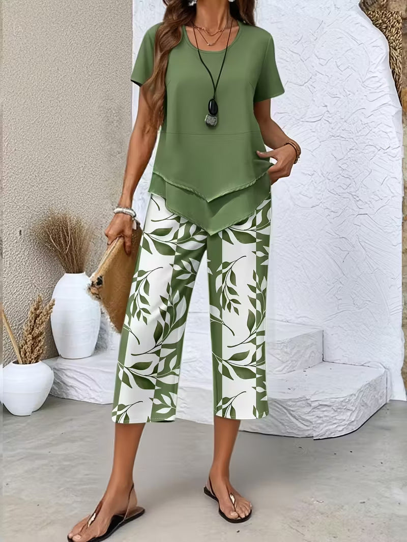 Limited-time 50% off! 🍃 Casual two-piece set—belted top and printed trousers 🌸