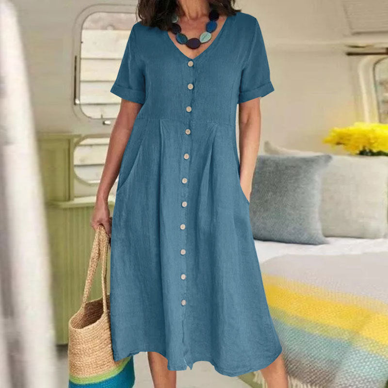 New solid color loose high-waisted cotton linen dress