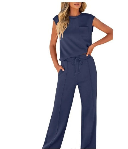 New casual solid color sleeveless top and high-waisted wide-leg pants for women