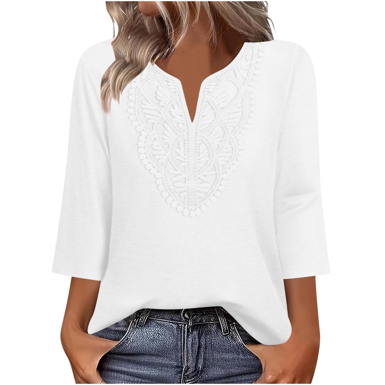 New V-neck lace-trimmed loose-fitting women's solid color three-quarter sleeve top