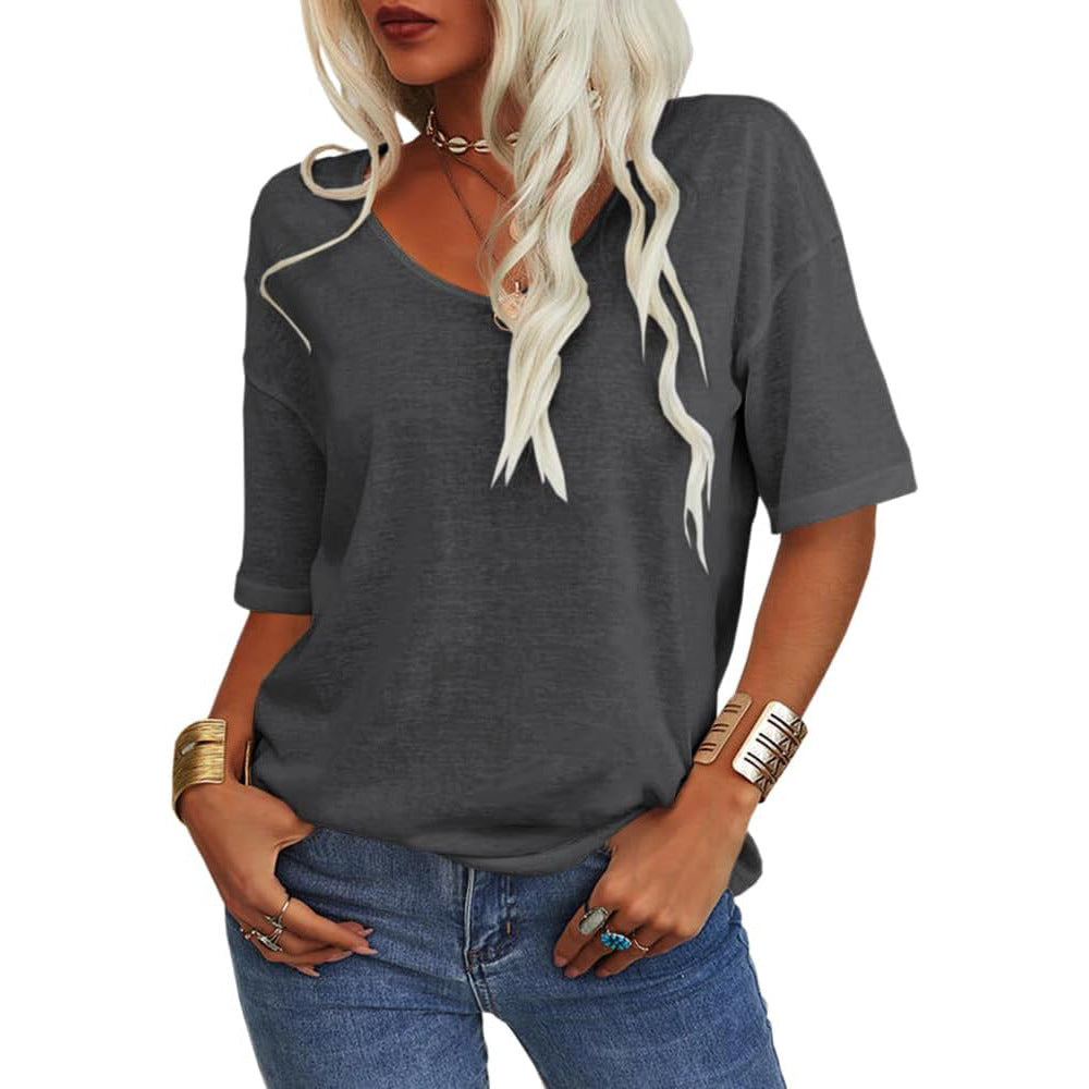 Women's T-shirt, V-neck, short-sleeved, loose-fitting shirt