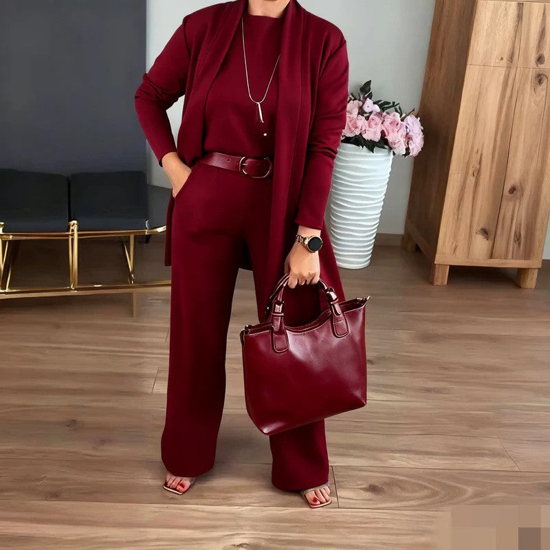Women's Solid Color Round Neck Long Sleeve Top with Belt and Comfortable Pants Set