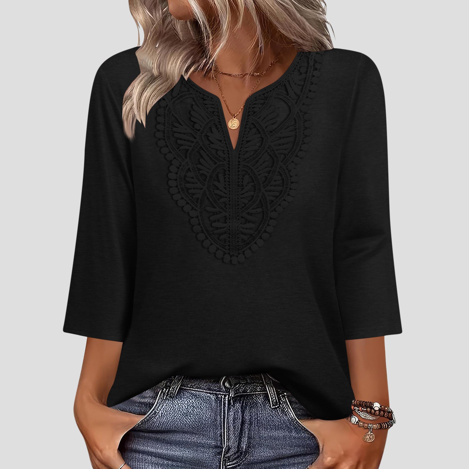 New V-neck lace-trimmed loose-fitting women's solid color three-quarter sleeve top