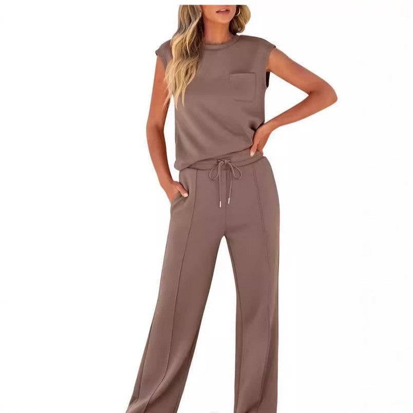 New casual solid color sleeveless top and high-waisted wide-leg pants for women
