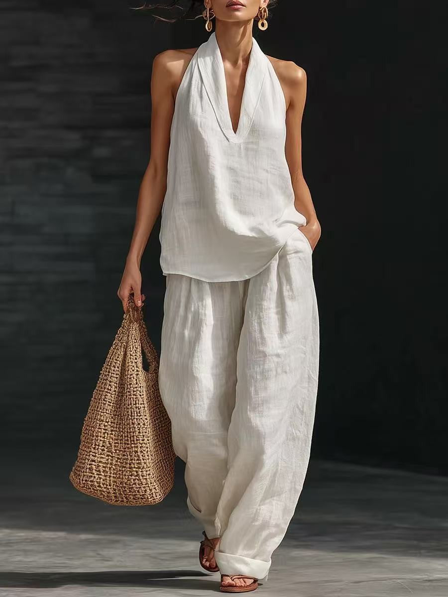 French-style halter neck V-neck backless top and wide-leg pants set