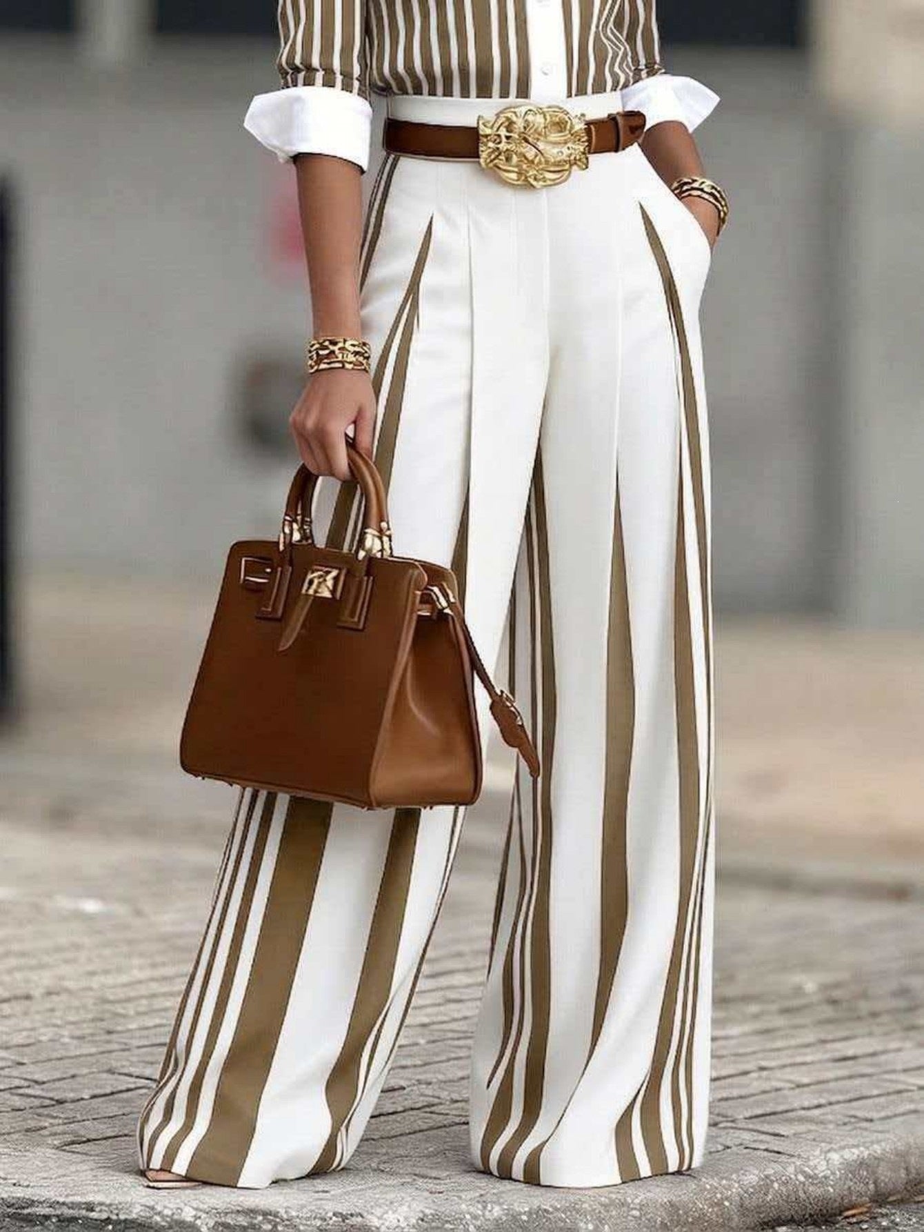 Striped T-shirt and loose-fitting trouser suit