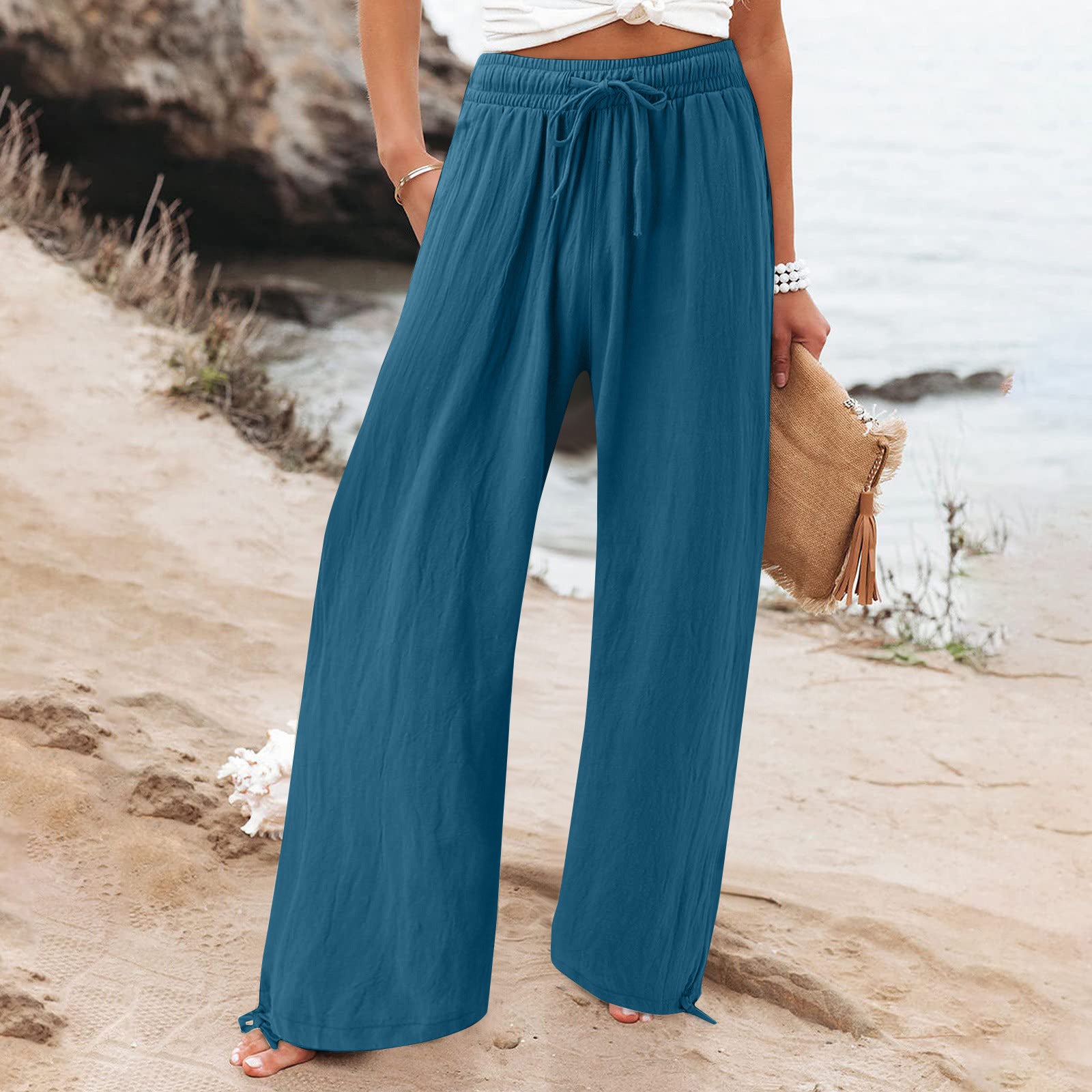 Elastic waist casual solid color wide-leg trousers