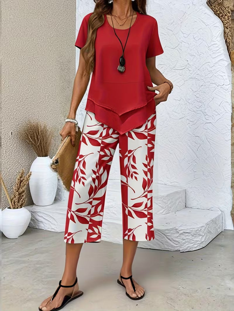 Limited-time 50% off! 🍃 Casual two-piece set—belted top and printed trousers 🌸
