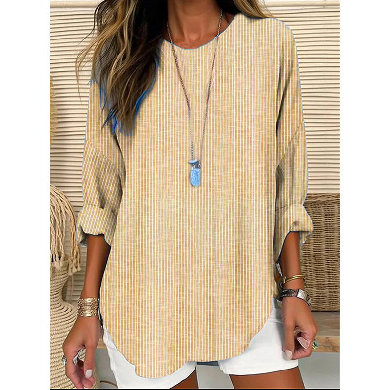 Retro striped design loose long-sleeved round neck top