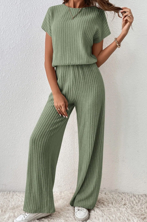 Fashionable drop-shoulder short-sleeved knit set, top and trousers, two-piece set
