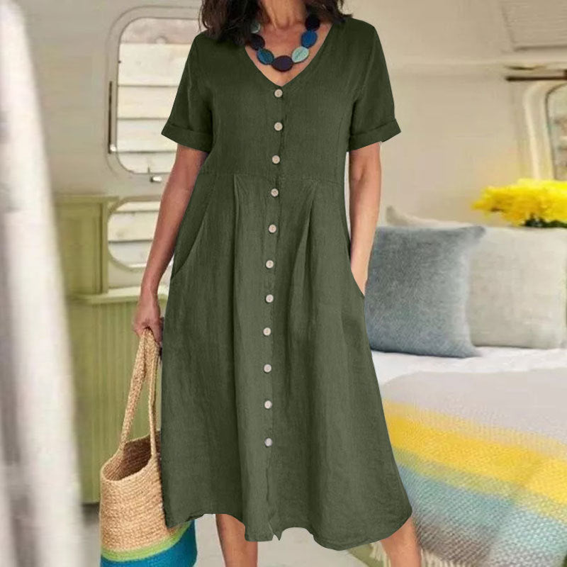 New solid color loose high-waisted cotton linen dress