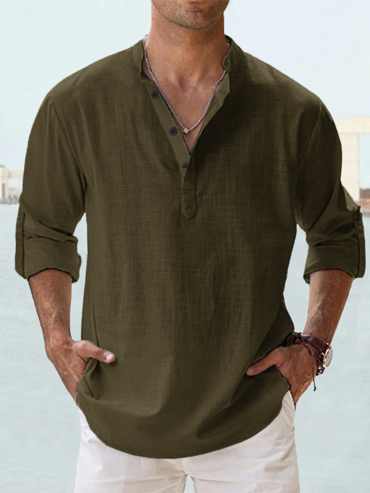 Stand-up collar T-shirt, loose fit, solid color, long-sleeved cotton and linen shirt