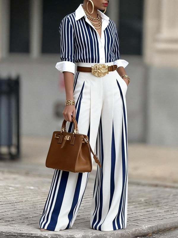 Striped T-shirt and loose-fitting trouser suit