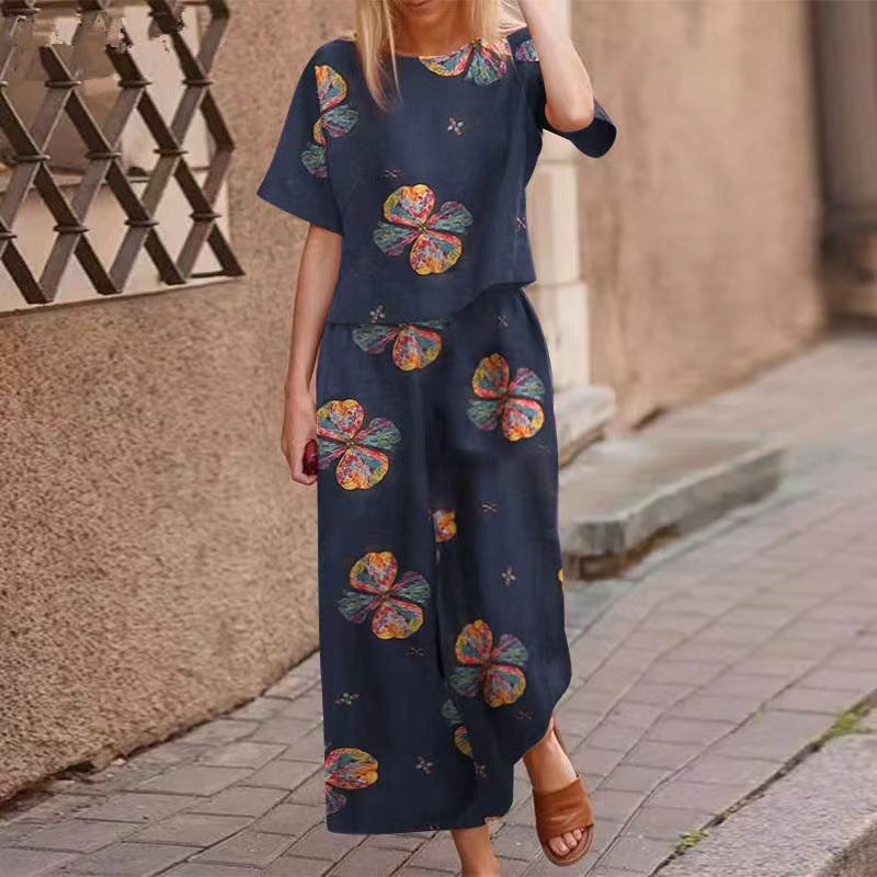 Summer casual printed cotton and linen floral short-sleeved fashion sportswear set