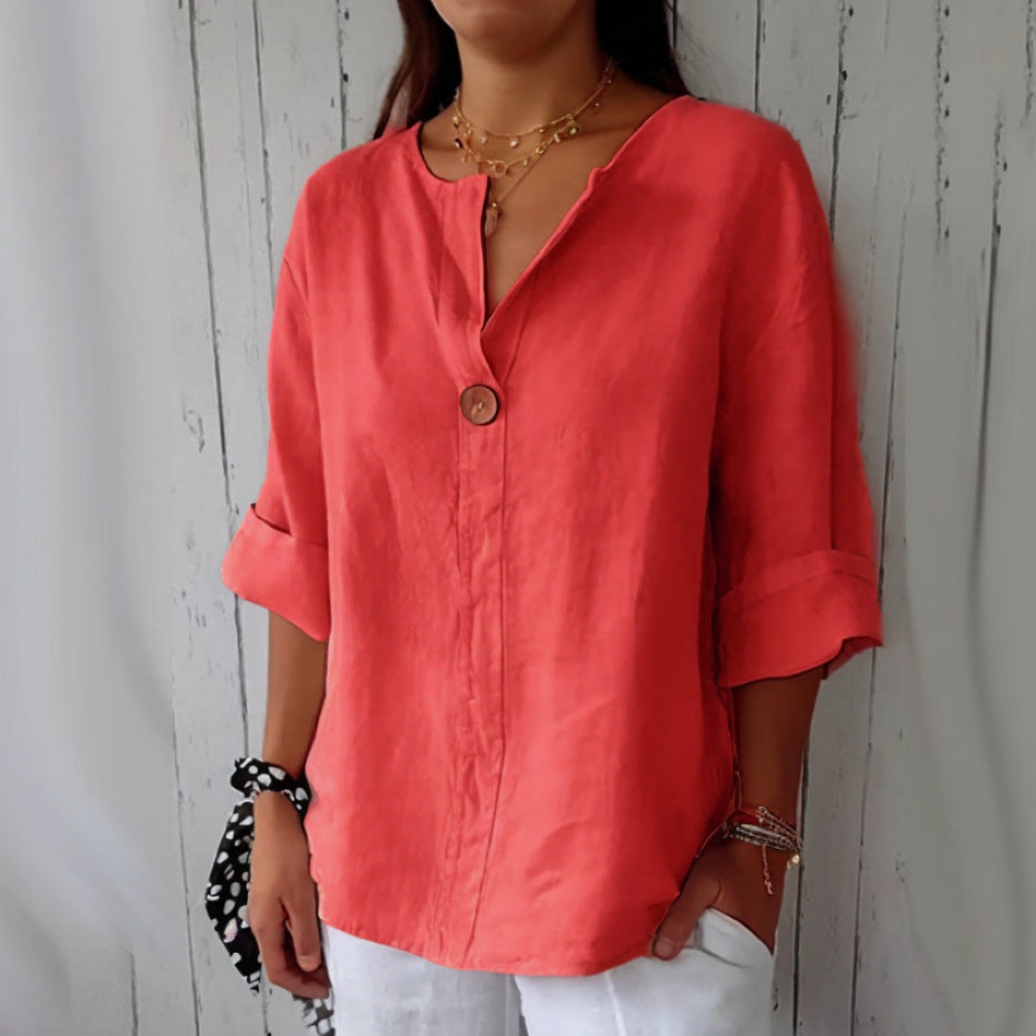 Women's V-neck cotton linen button T-shirt