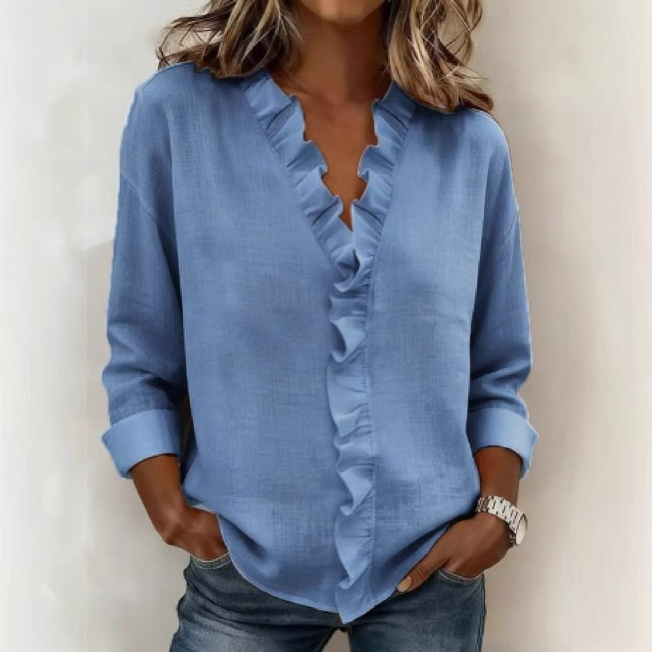 New Women's Ruffled Long-Sleeved Cotton Shirt