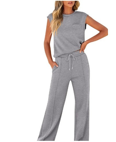 New casual solid color sleeveless top and high-waisted wide-leg pants for women